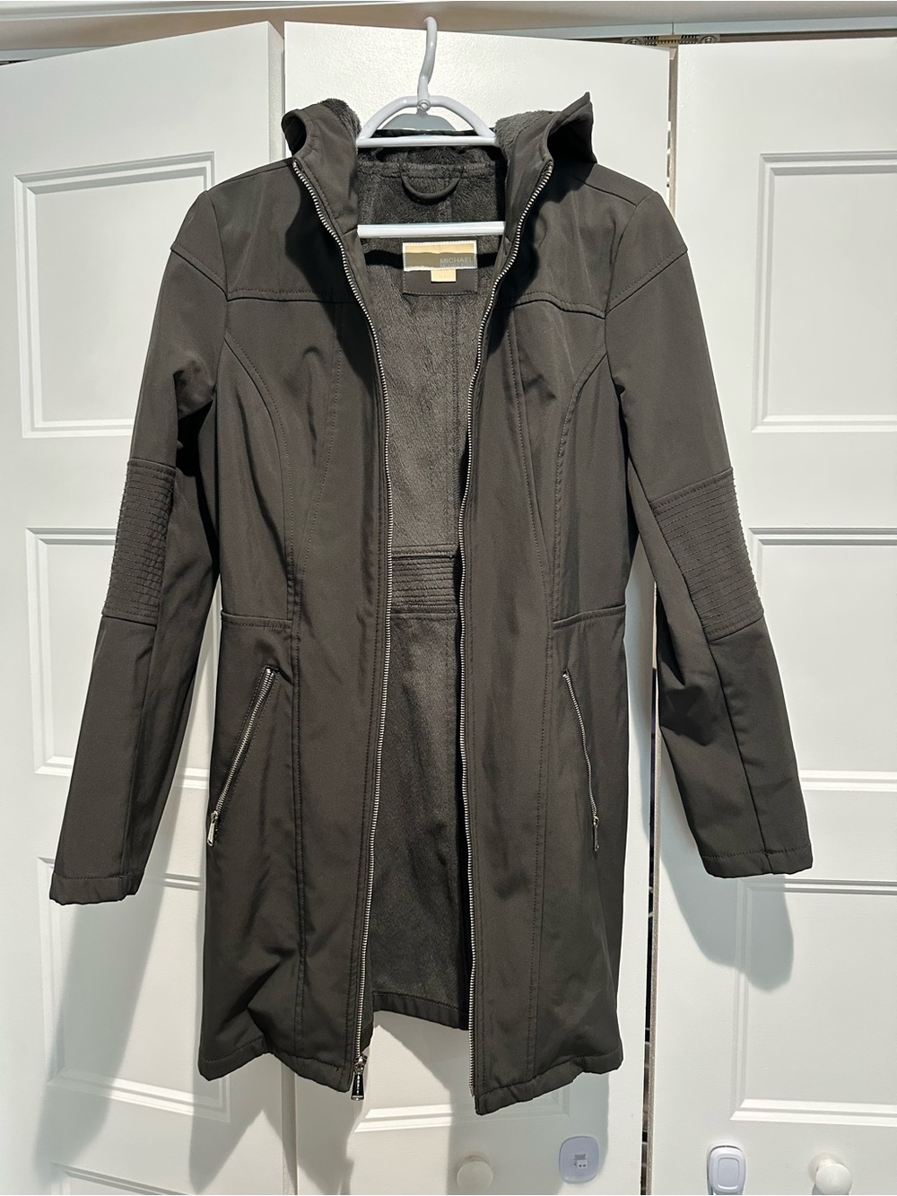 Like New MICHAEL Michael Kors Dark Charcoal Hooded Trench or Rain Coat